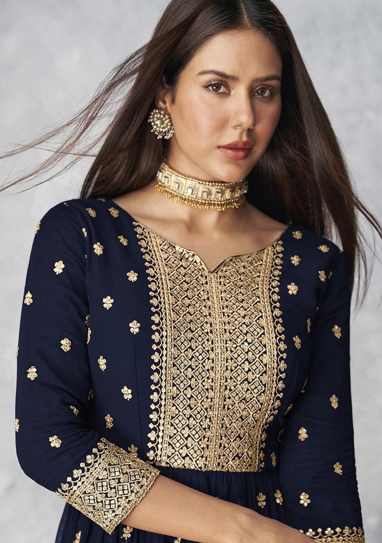 Navy Blue Zari Sequin Embroidered Georgette Kurta Set