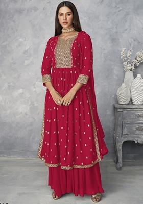 Pink Zari Sequin Embroidered Georgette Kurta Set