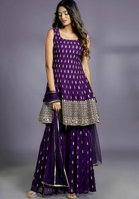 Purple Zari Sequin Embroidered Georgette Sharara Set