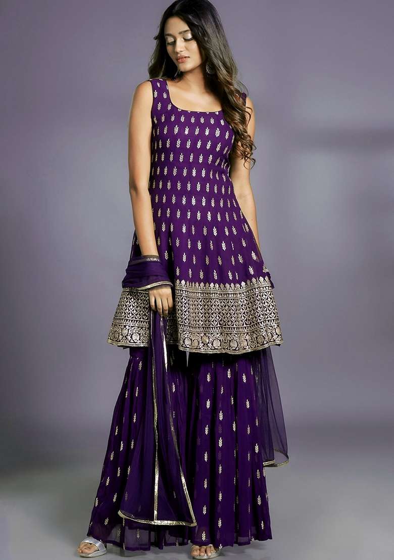 Purple Zari Sequin Embroidered Georgette Sharara Set - Indya