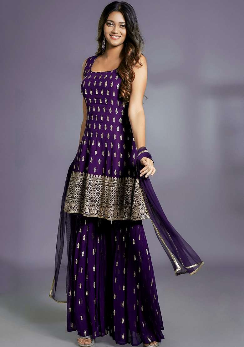 Purple Zari Sequin Embroidered Georgette Sharara Set - Indya