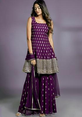 Wine Zari Sequin Embroidered Georgette Sharara Set