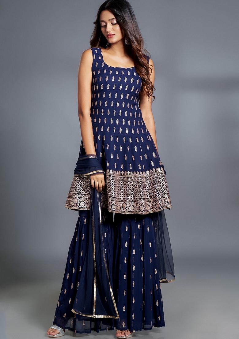 Navy Blue Zari Sequin Embroidered Georgette Sharara Set