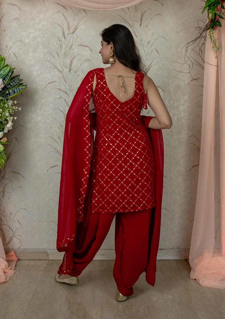 Red Sequin Thread Embroidered Georgette Kurta Set