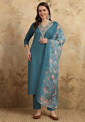 Blue Embroidered Viscose Rayon Kurta Set With Dupatta