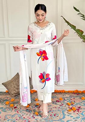 White Printed Crepe Kurta Set