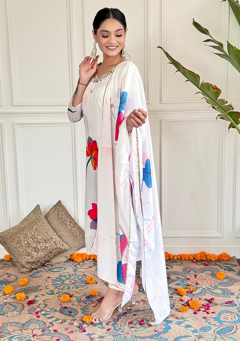 White Printed Crepe Kurta Set