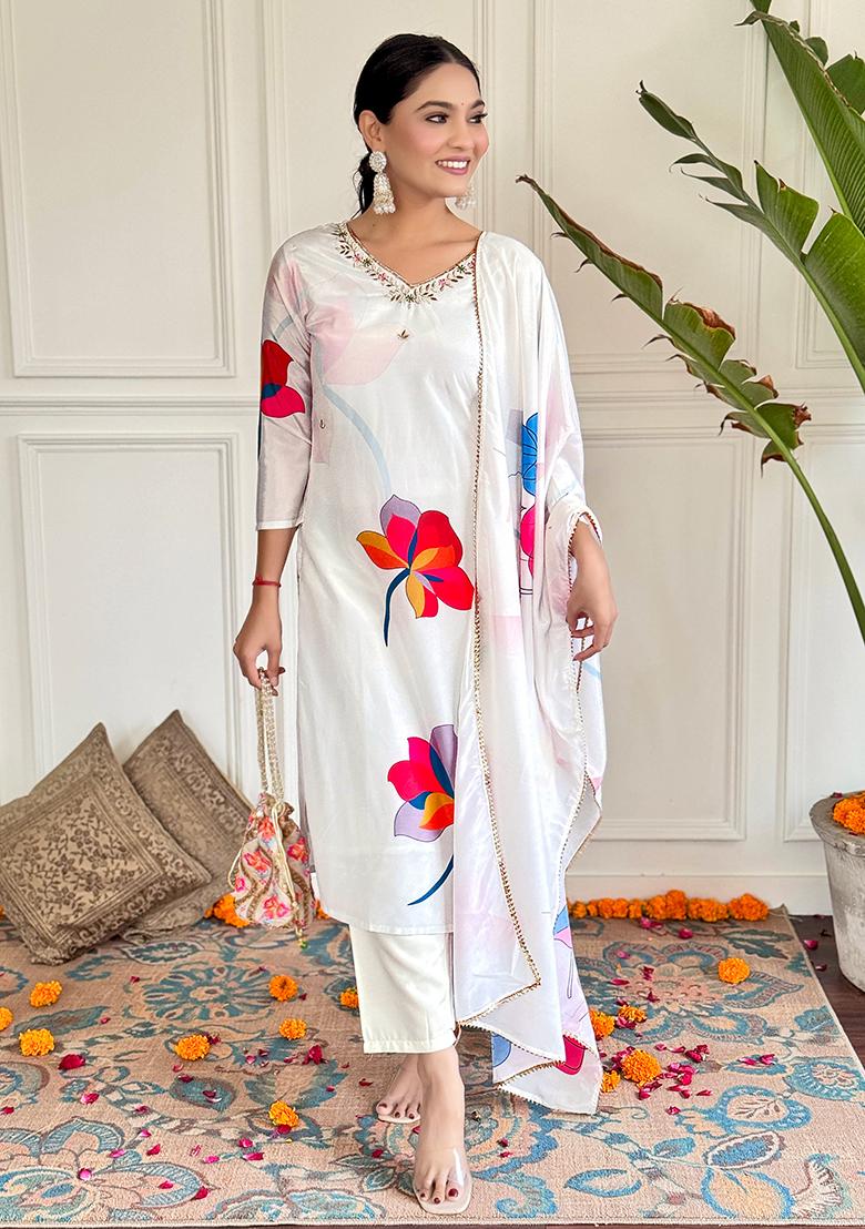 White Printed Crepe Kurta Set