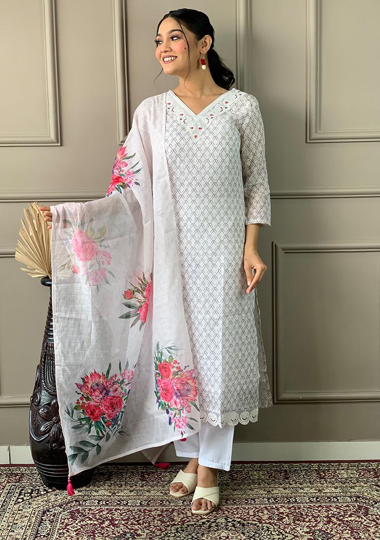 White Embroidered Linen Cotton Kurta Set