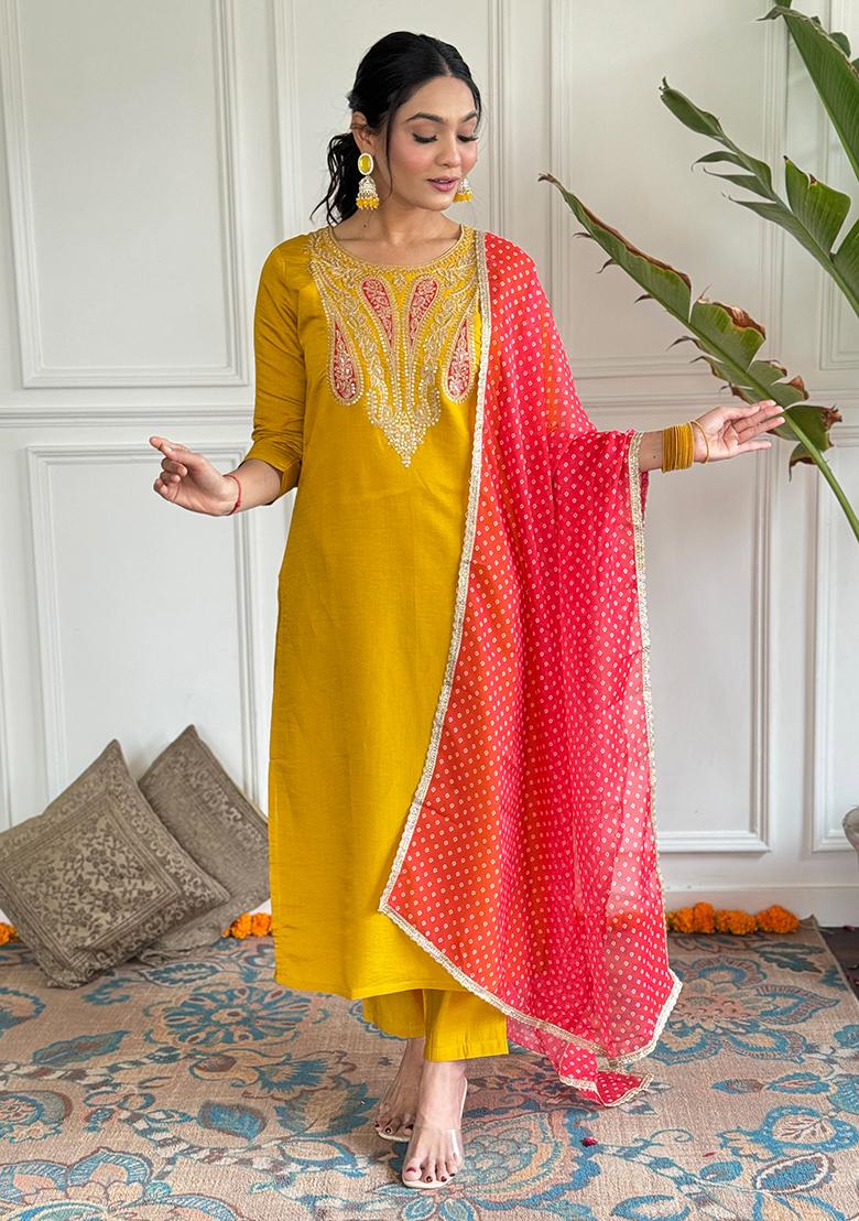Mustard Embroidered Chanderi Kurta Set