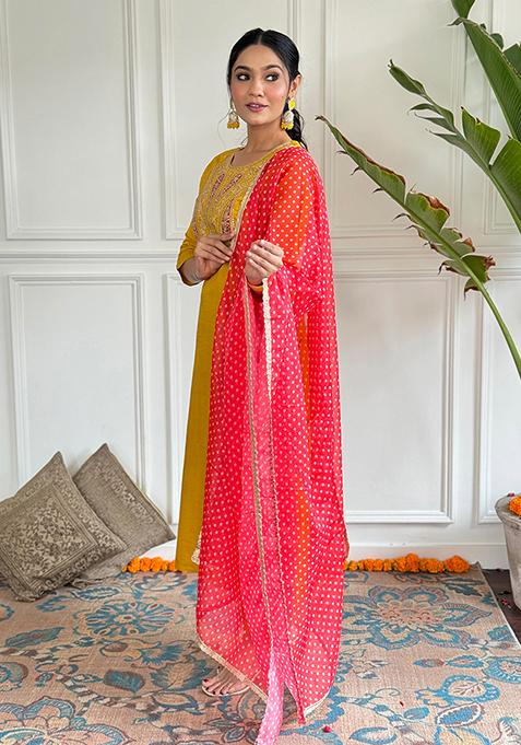 Women Mustard Chanderi Kurta Set With Pant And Duppata Set