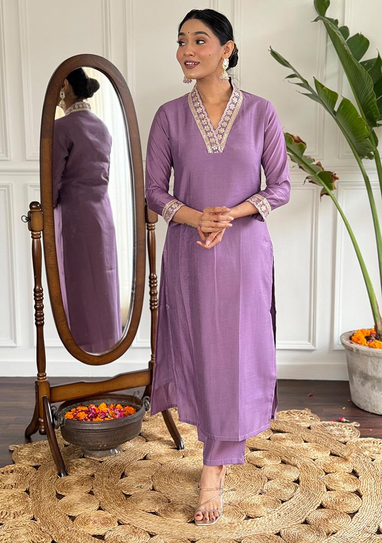 Purple Embroidered Viscose Silk Kurta Set