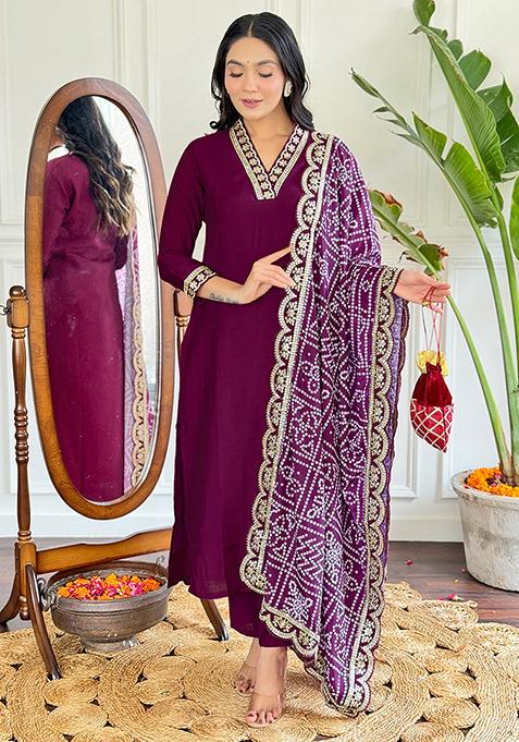 Maroon Embroidered Viscose Silk Kurta Set