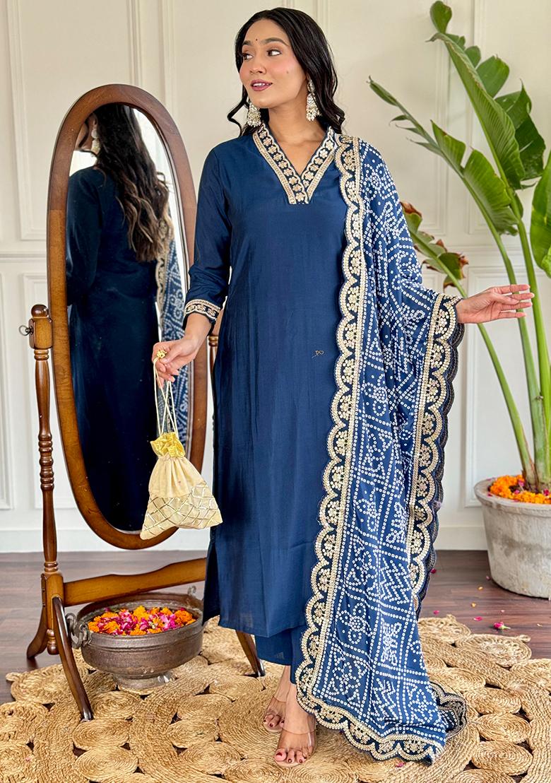 Blue Embroidered Viscose Silk Kurta Set