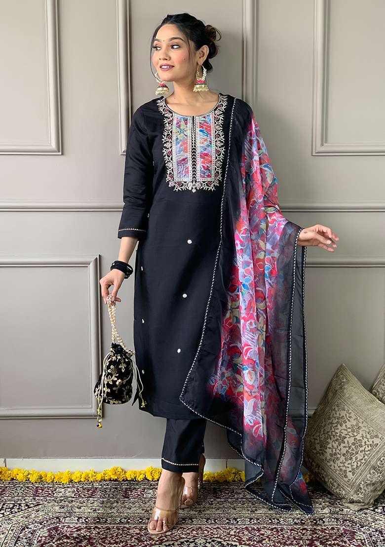 Black Embroidered Rayon Slub Kurta Set With Dupatta - Indya