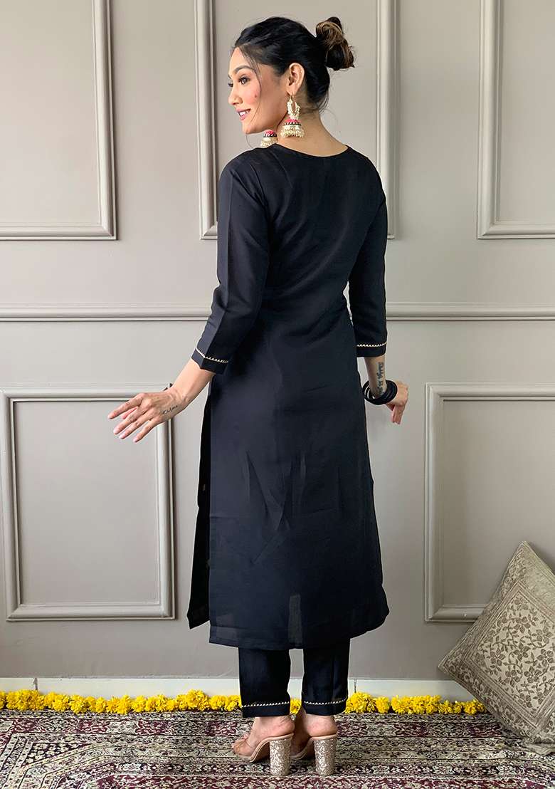 Black Embroidered Rayon Slub Kurta Set With Dupatta - Indya