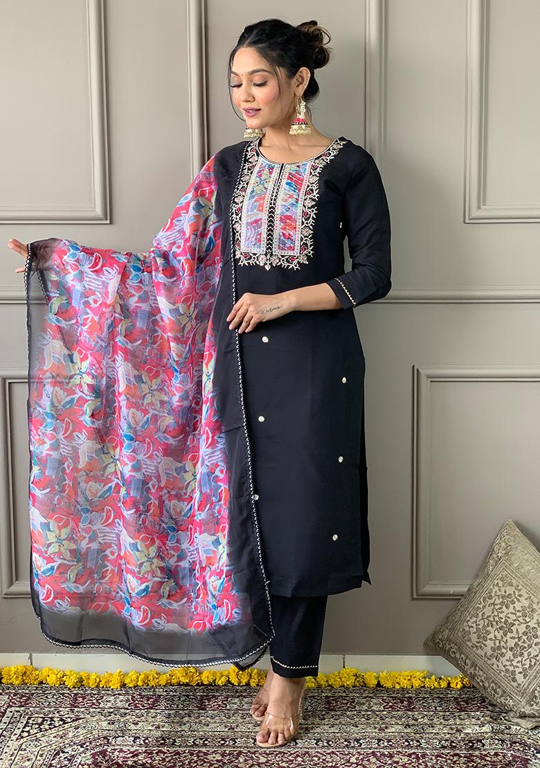 Black Embroidered Rayon Slub Kurta Set