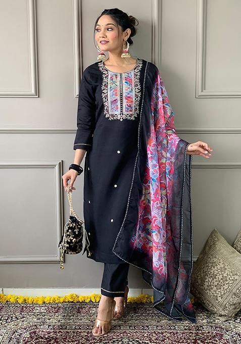 Black Embroidered Rayon Slub Kurta Set With Dupatta
