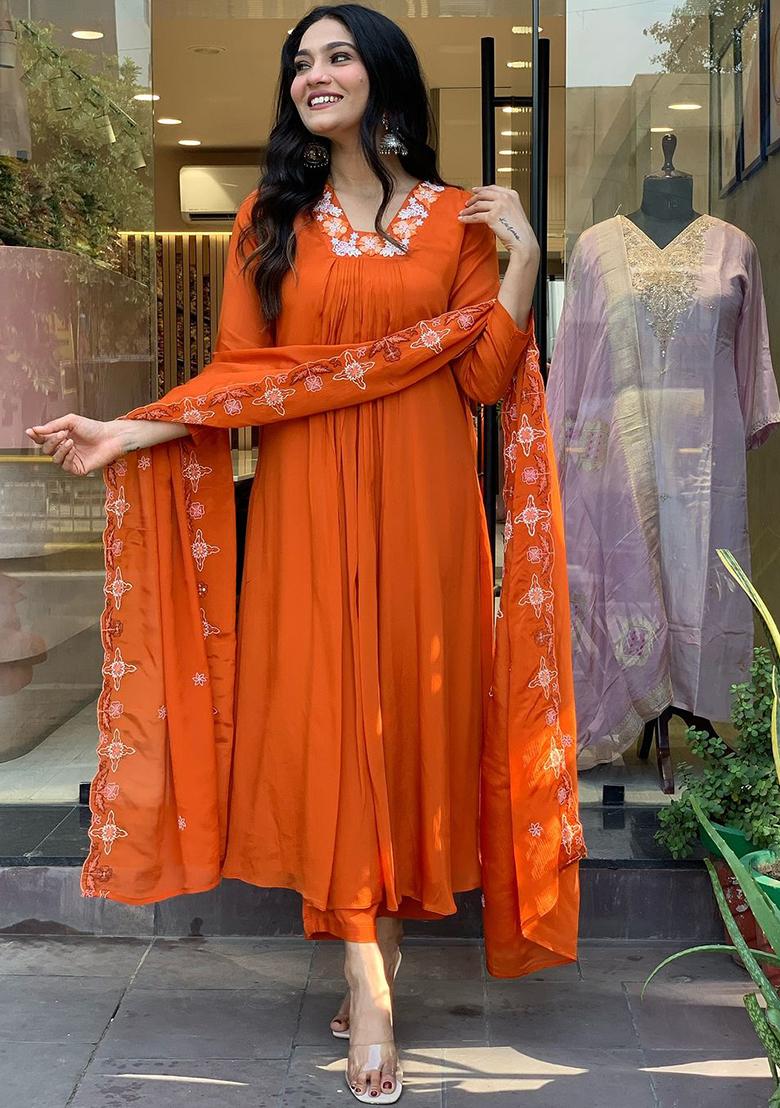 Orange Embroidered Silk Chiffon Kurta Set
