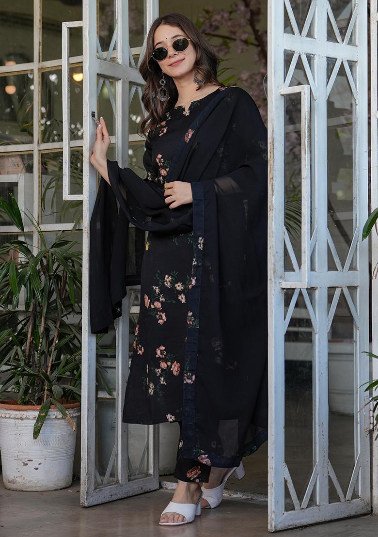 Black Printed Crepe Kurta Set