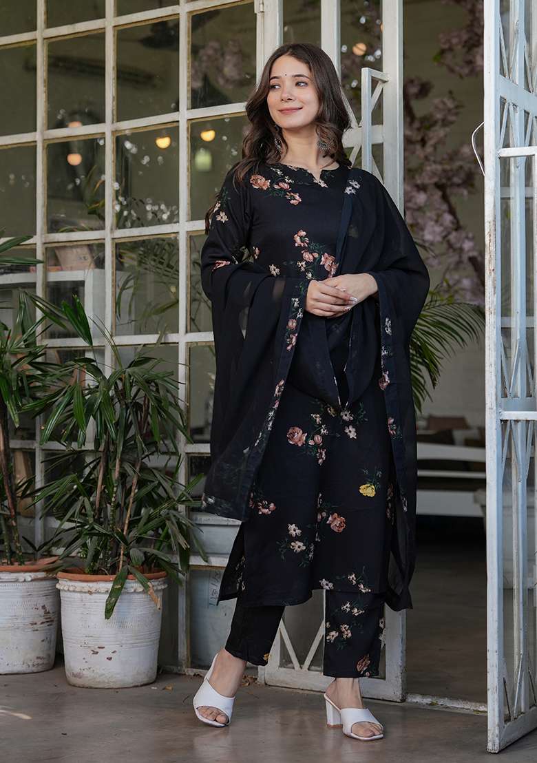 Black Floral Print Crepe Straight Kurta Set - Indya