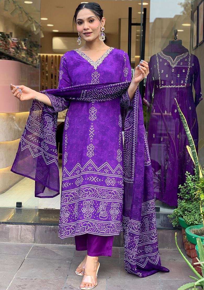 Purple Printed Silk Blend Kurta Set With Dupatta