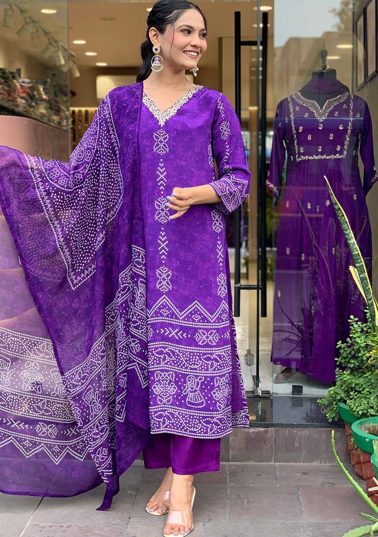 Purple Printed Silk Blend Kurta Set