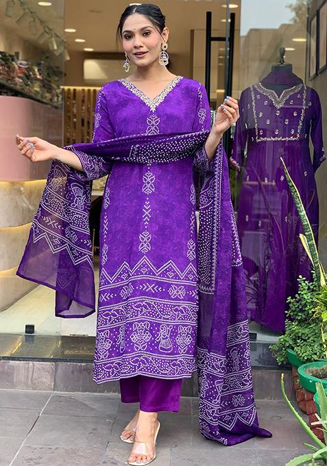 Purple Printed Silk Blend Kurta Set With Dupatta