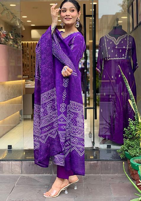 Purple Printed Silk Blend Kurta Set With Dupatta
