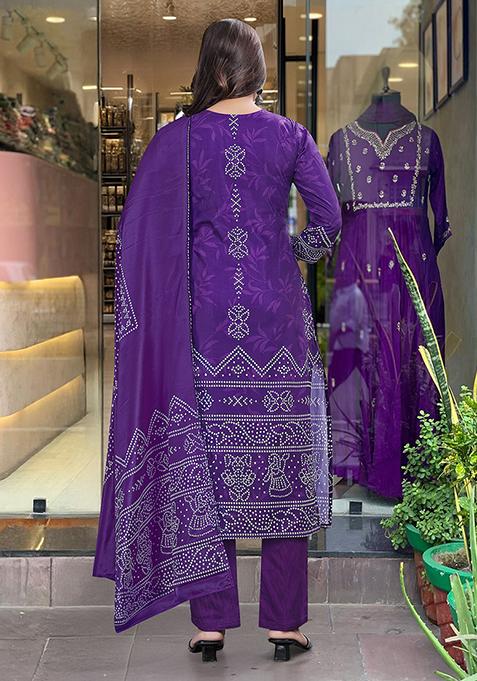 Purple Printed Silk Blend Kurta Set With Dupatta