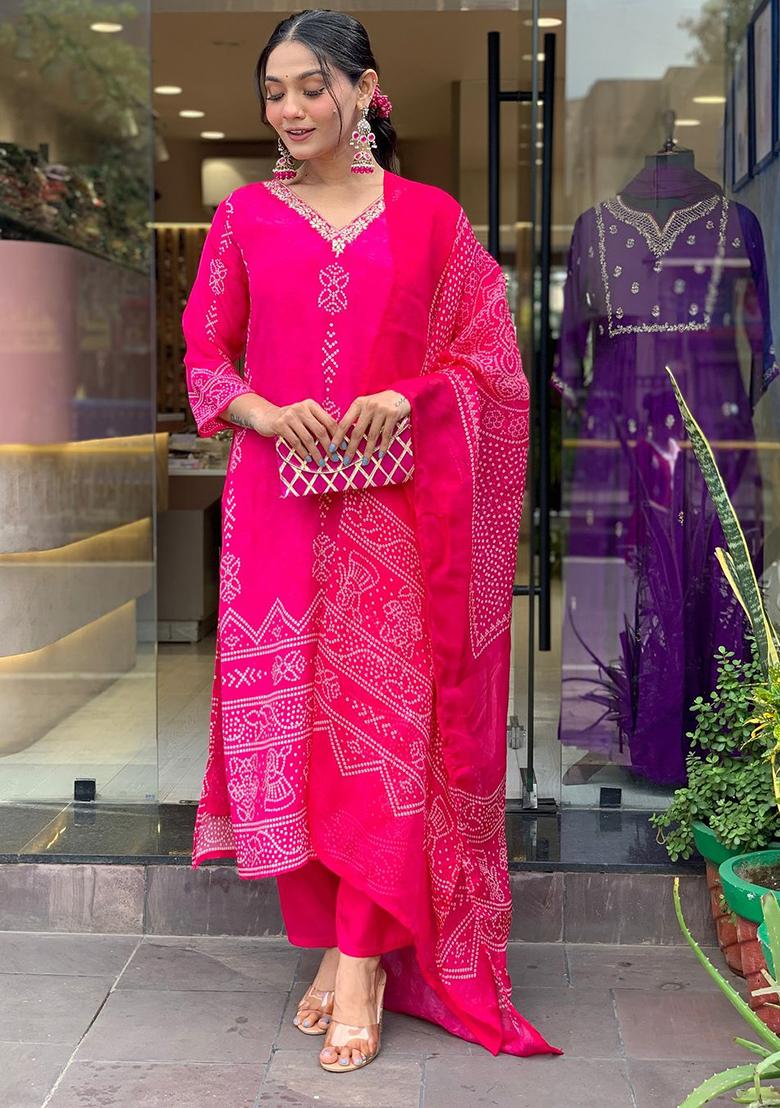 Pink Printed Silk Blend Kurta Set