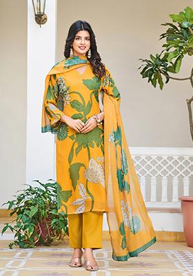 Yellow Printed Organza Silk Kurta Set With Dupatta