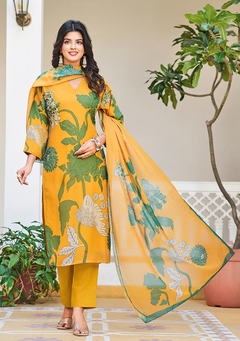 Yellow Printed Organza Silk Kurta Set