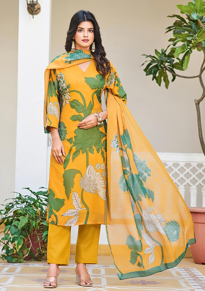 Yellow Printed Organza Silk Kurta Set