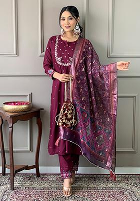 Wine Embroidered Chanderi Viscose Kurta Set