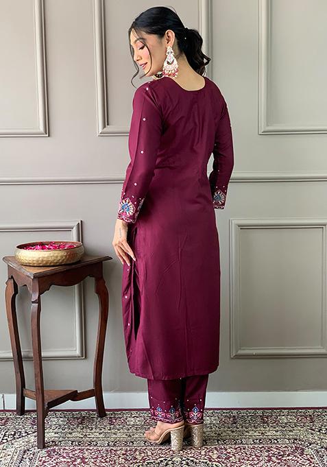 Buy Women Wine Embroidered Chanderi Viscose Kurta Set - XKS12786 ...