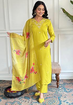 Yellow Embroidered Rayon Slub Kurta Set
