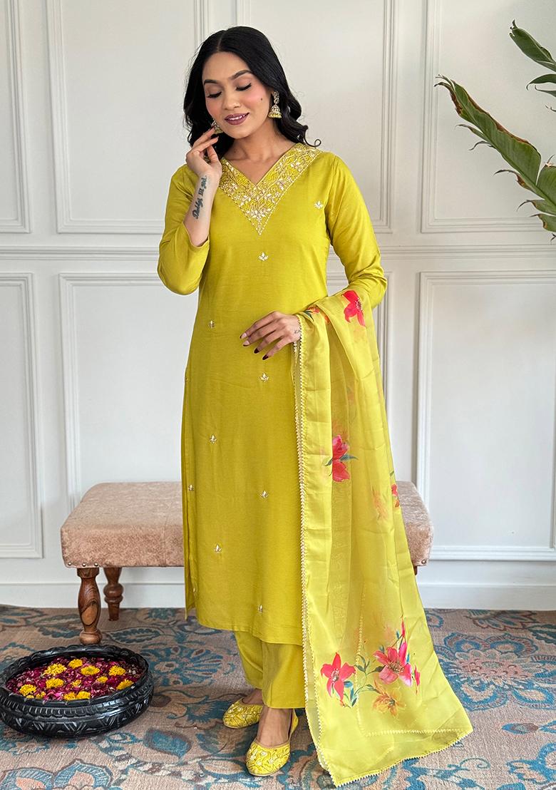 Yellow Embroidered Rayon Slub Kurta Set