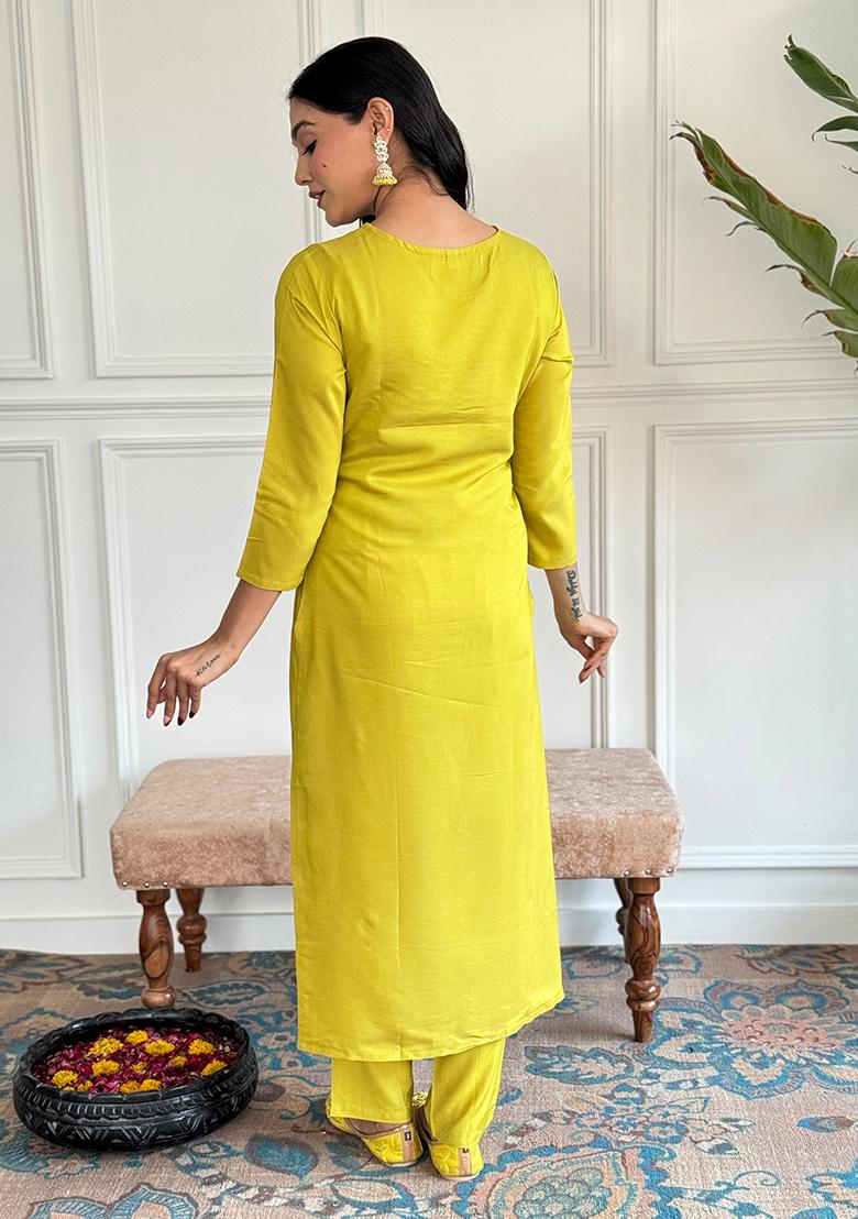 Yellow Embroidered Rayon Slub Kurta Set With Dupatta