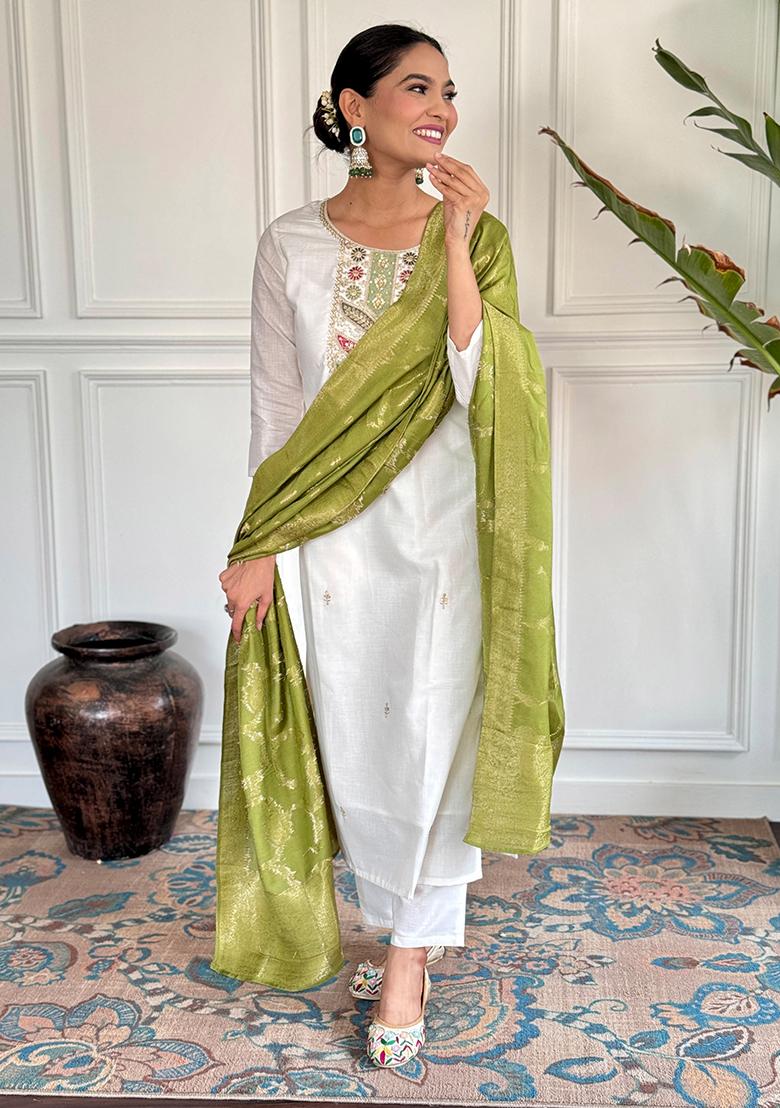 Pista Green Embroidered Viscose Blend Kurta Set
