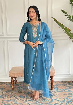 Rama Blue Embroidered Viscose Blend Kurta Set