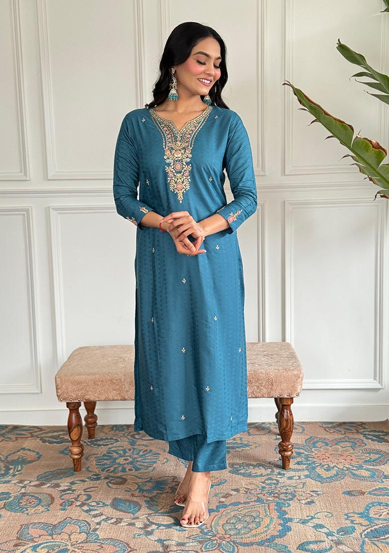 Rama Blue Embroidered Viscose Blend Kurta Set