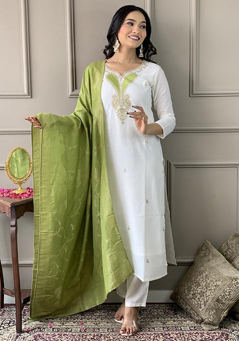 White Embroidered Viscose Straight Kurta Set