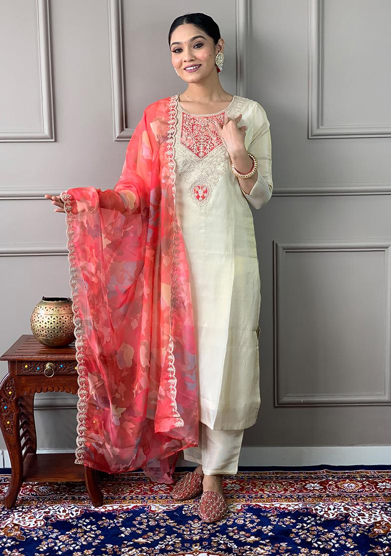 Cream Embroidered Chanderi Silk Kurta Set