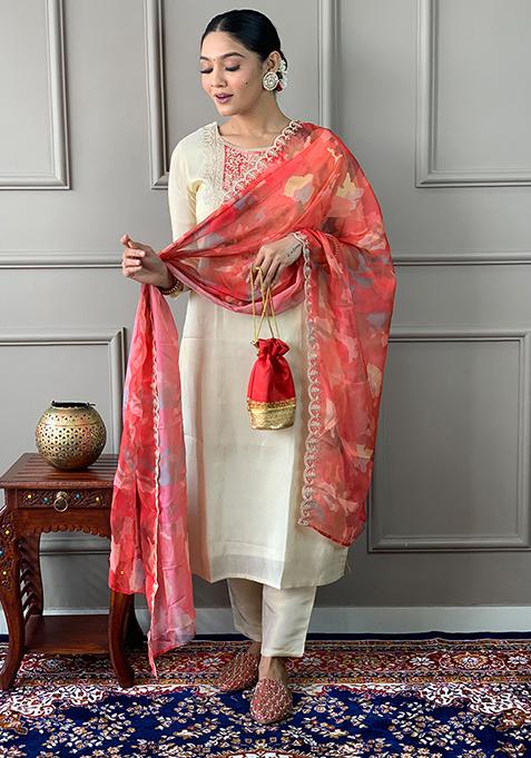 Cream Embroidered Chanderi Silk Kurta Set With Dupatta