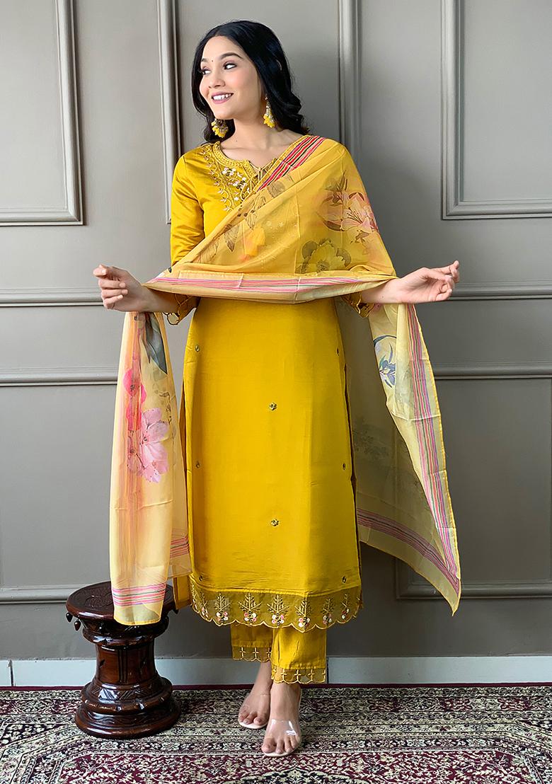 Mustard Embroidered Chanderi Kurta Set
