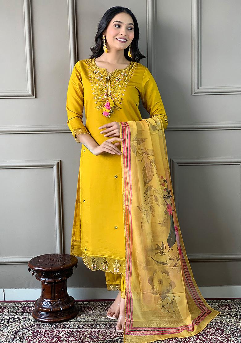 Mustard Embroidered Chanderi Kurta Set