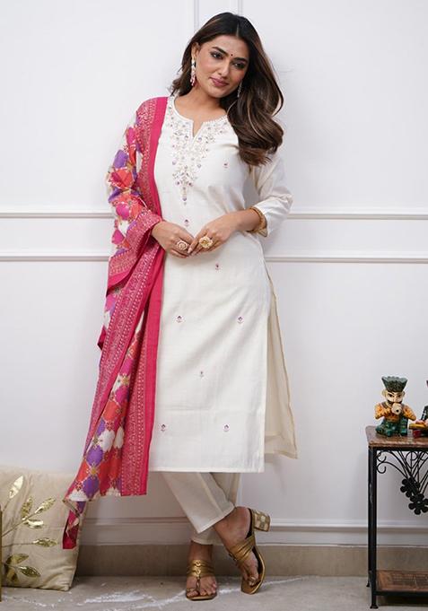 Off White Thread Work Viscose Kurta Set With Dupatta