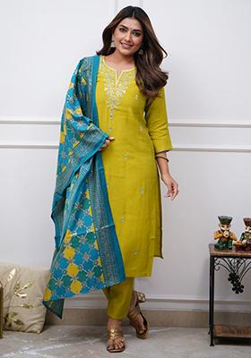Lemon Yellow Thread Work Viscose Kurta Set With Dupatta