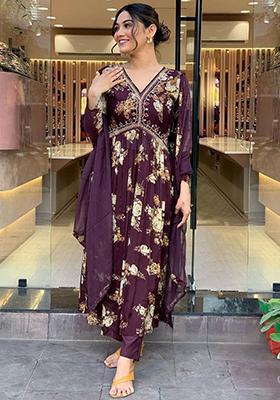 Burgundy Floral Print Georgette Kurta Set